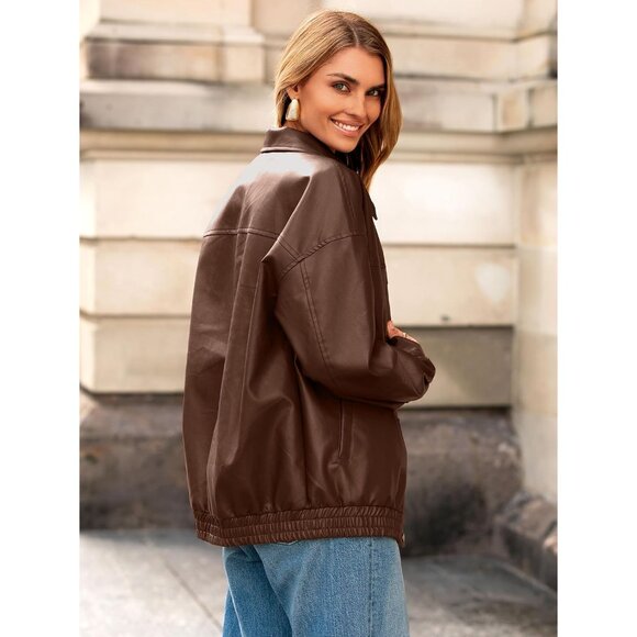 Women's Oversized Faux Leather Brown Jacket Button Down Moto Bomber Winter Coat - Picture 4 of 6